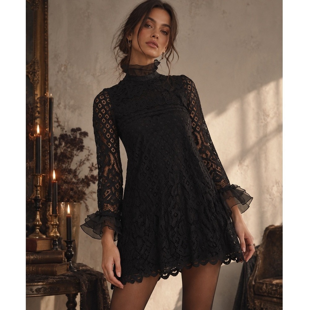 Lulus Love and Joy Black Lace Long Sleeve Shift Dress S Goth Witchy Victorian